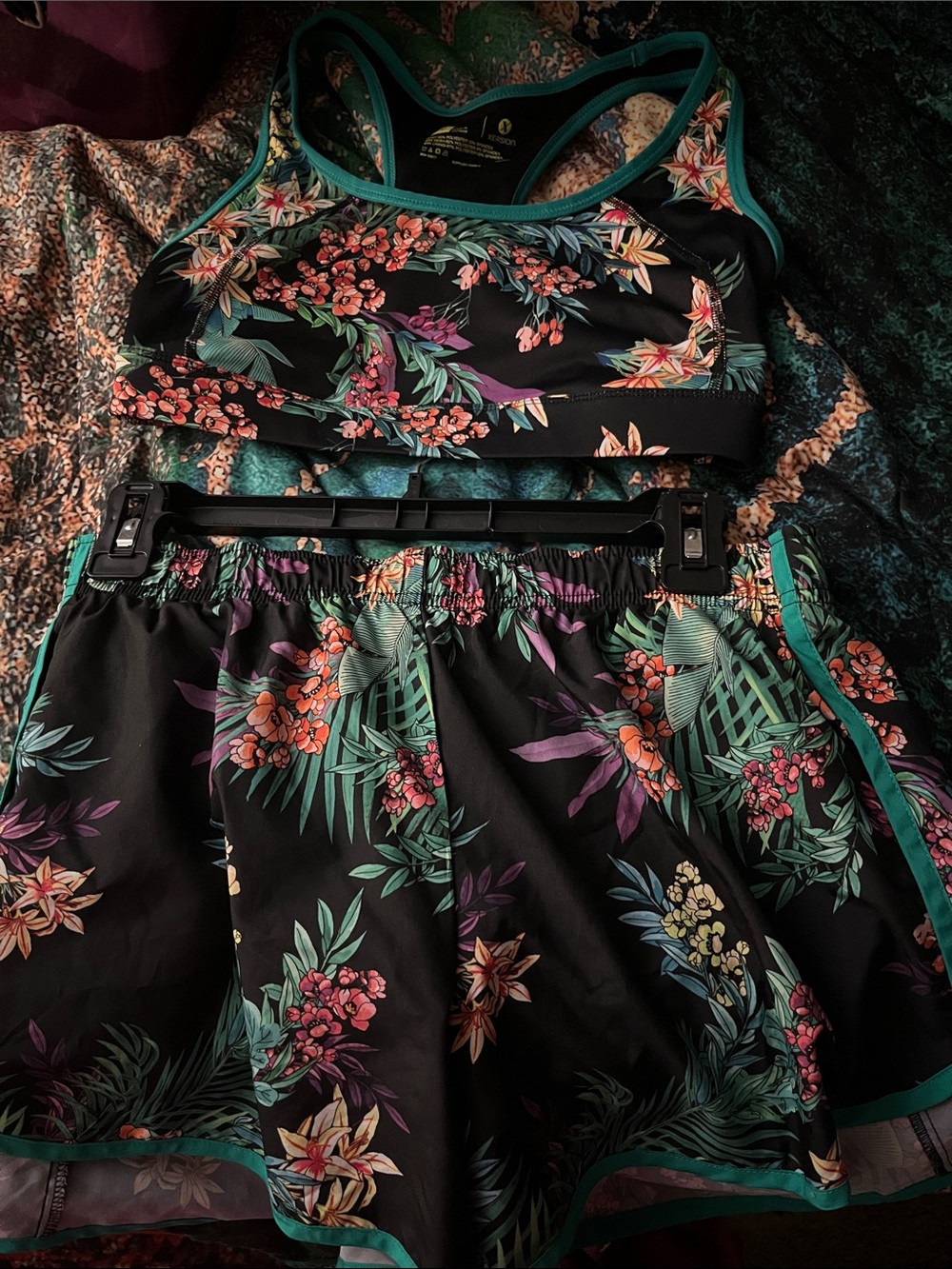 Xersion Black Floral Athletic Shorts with Teal Trim